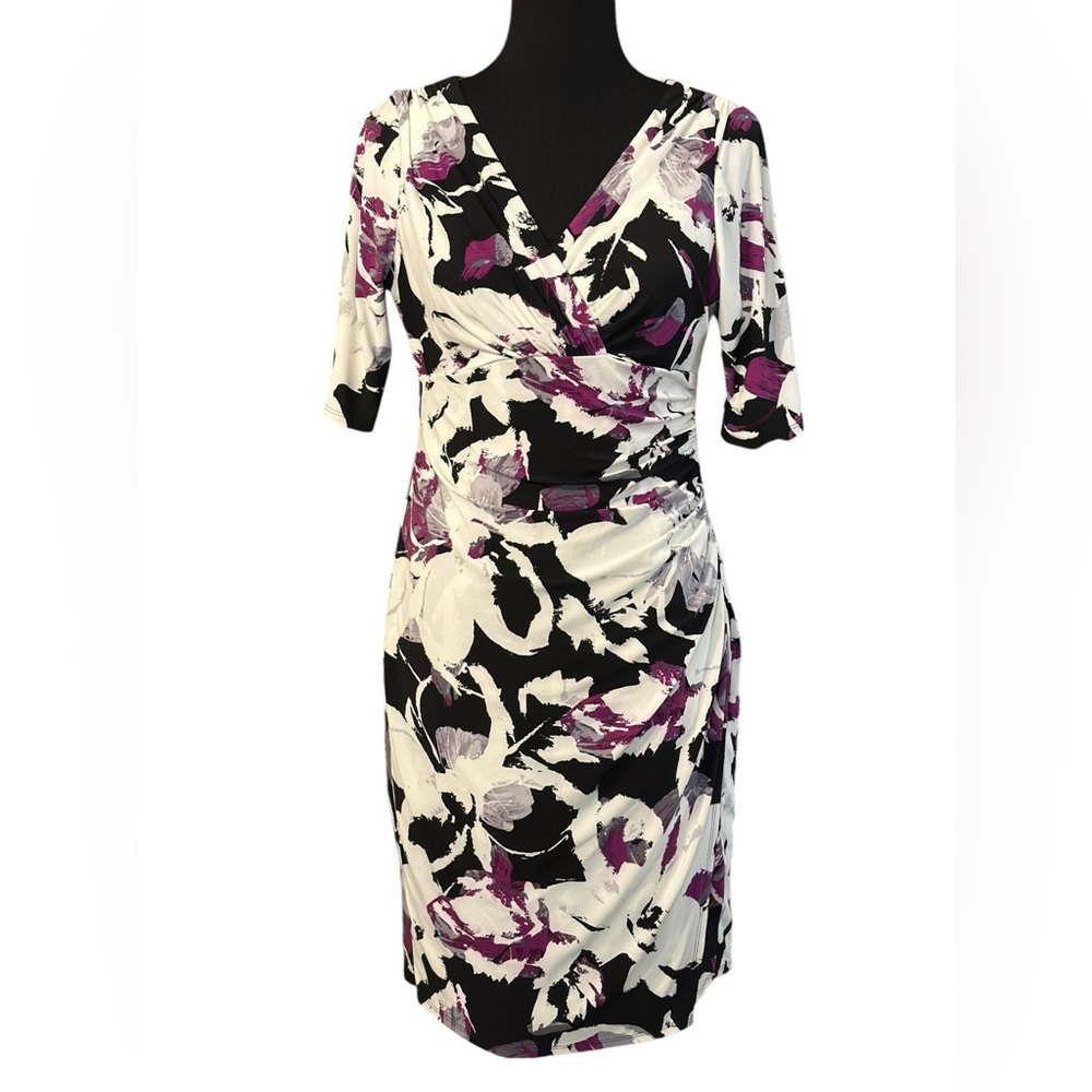 Ralph Lauren Women's Faux Floral Wrap Midi Dress V-Neck Jersey Stretch EUC Sz 10